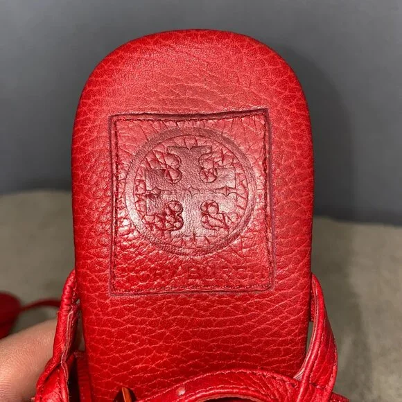 Tory Burch Red Leather T-Strap Wedge Sandals Gold Logo Medallion Women’s - Picture 7 of 7
